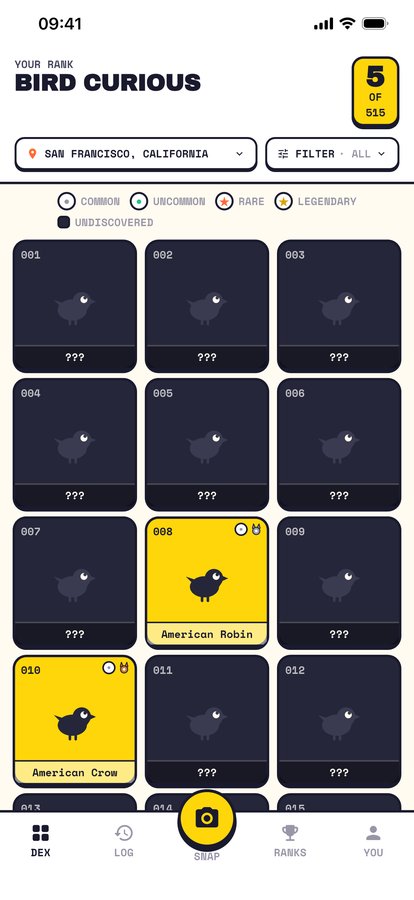 Absolutely Flocked collection screen showing a regional dex grid with locked and unlocked bird silhouettes
