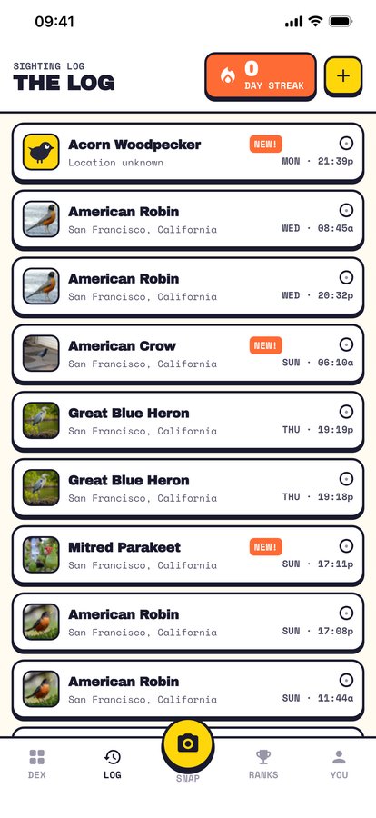 The sighting log listing recently caught birds with photos, locations, and timestamps