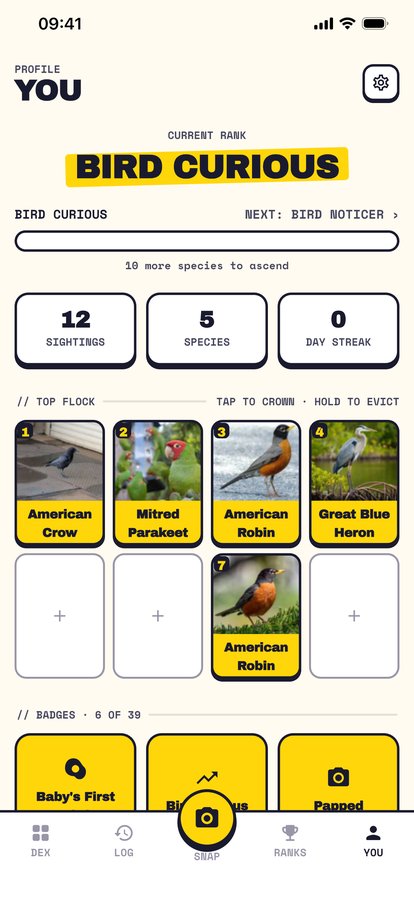 A player profile screen showing rank, stats, and a Top Flock of pinned birds
