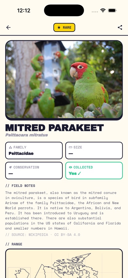 A rare Mitred Parakeet species card with a photo, field notes, and Wikipedia attribution